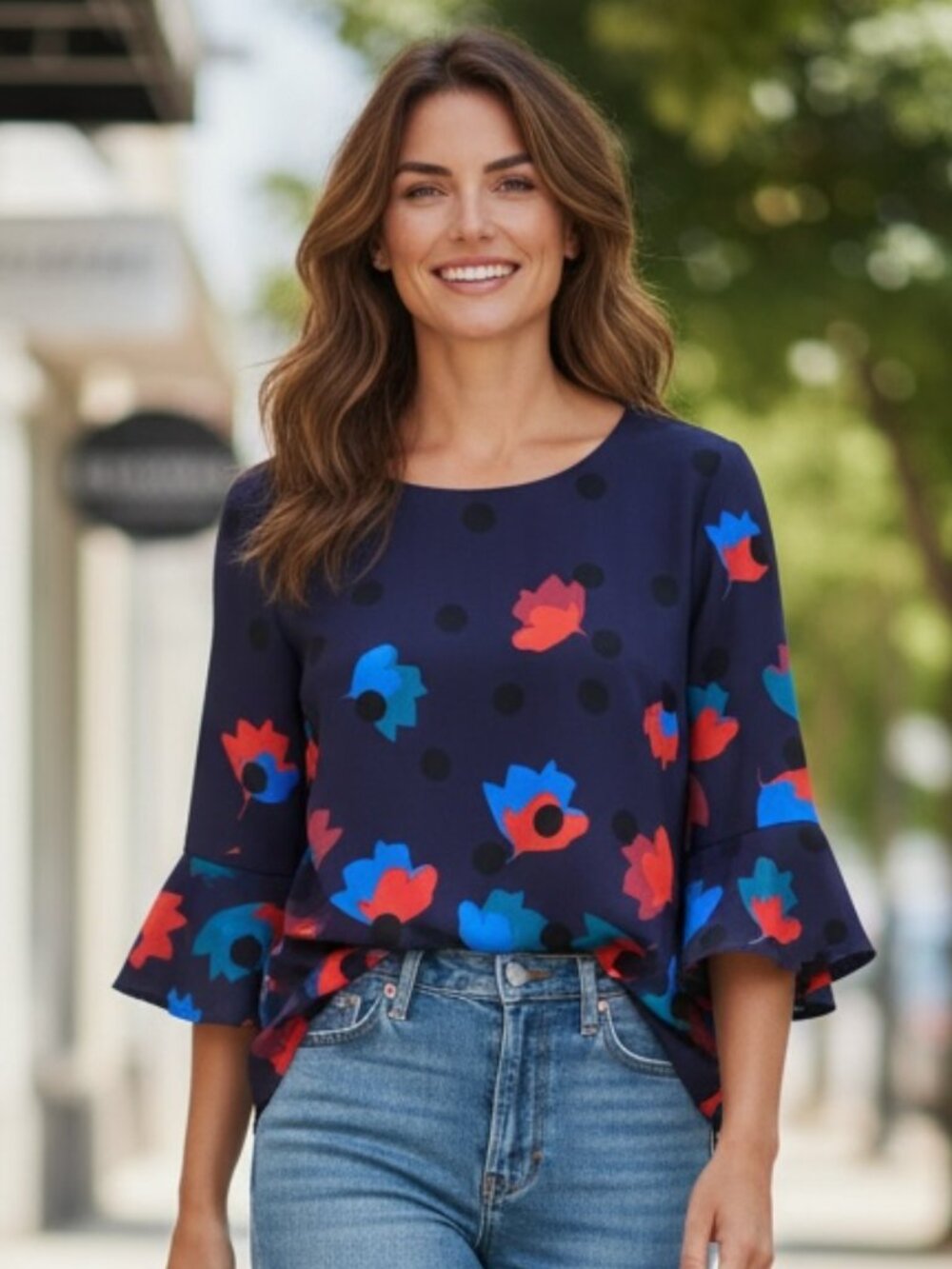 Boden Rachel Polka Dot Floral Top in Navy‎ Blue Sz 8 #286A